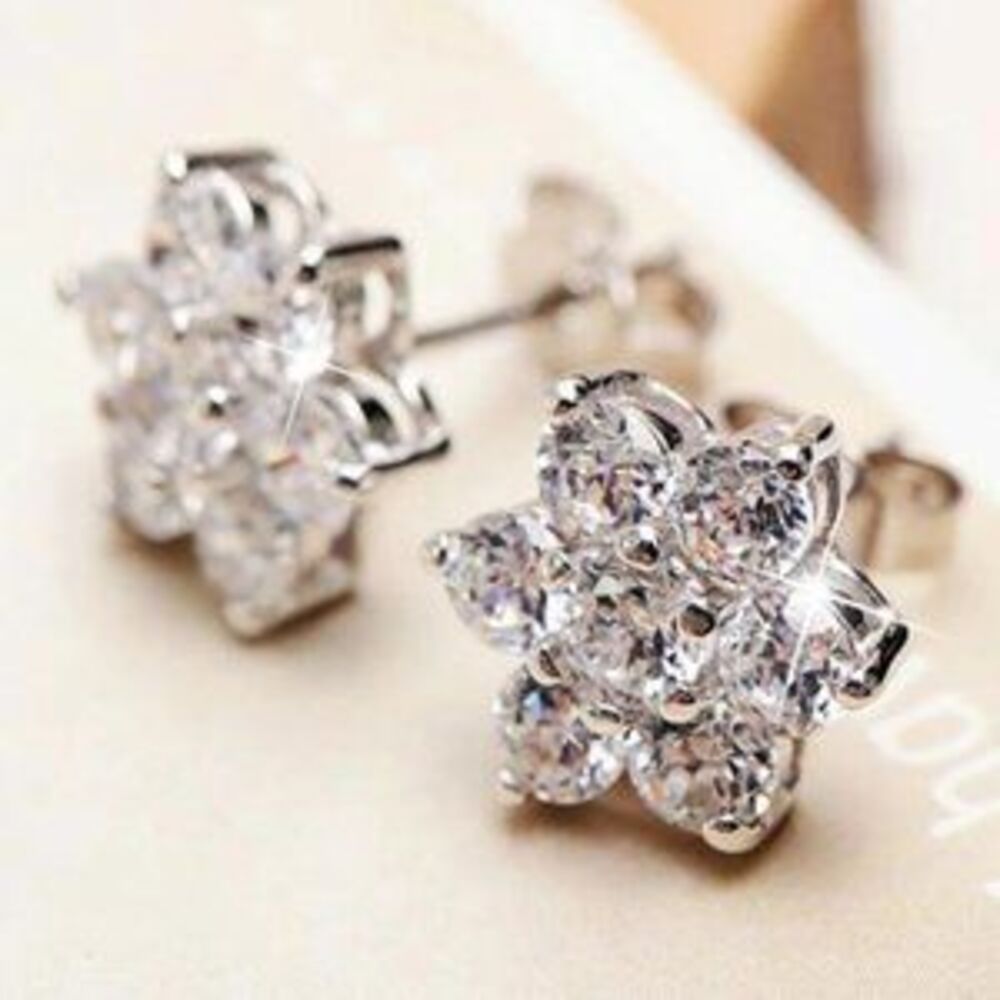 *NEW 925 Sterling Silver Diamond Flower Earrings 0